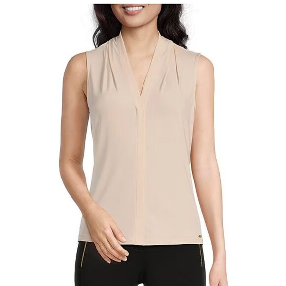 Calvin Klein Women's Gathered V-Neck Sleeveless Top pale pink / tan S small - Picture 1 of 5